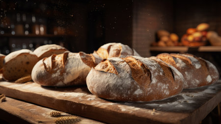 freshly baked, artisanal bread on a wooden table in a rustic kitchen, with a brick wall background, shelves, and bottles.の素材