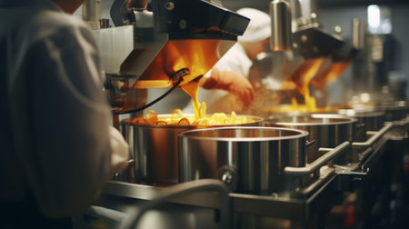 A team operating machinery to process and can different types of soups.の素材