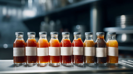 a row of small glass bottles filled with different types of sauces on a metal shelf in a modern, clean, and organized kitchen.の素材