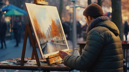 a street artist immersed in painting a winter scene on a canvas during Christmas time, capturing the festive spirit and artistic creativity.Backgroundの素材