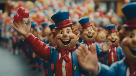 Joyful Toy Parade a festive parade featuring cheerful toy soldiers and clowns, embodying the spirit of Christmas Backgroundの素材