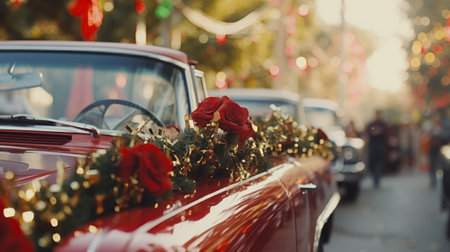 Christmas with a beautifully decorated vintage car amidst vibrant city celebrations.Backgroundの素材
