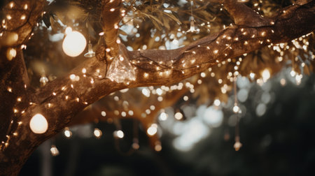 Glowing Christmas Magic a Christmas tree branch, adorned with warm white lights, radiating the magical glow of the holiday season.Backgroundの素材