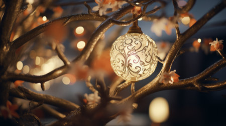 stunning golden Christmas ornament, hanging gracefully from a tree branch, with a backdrop of warm festive lights.Backgroundの素材