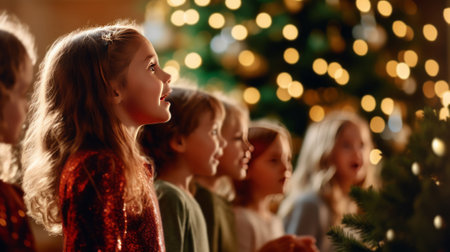 A heartwarming scene of children, eyes filled with wonder, admiring a beautifully decorated Christmas tree in a cozy home setting.Backgroundの素材