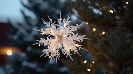 A frosty snowflake ornament elegantly hanging on a Christmas tree, embodying the serene beauty of the winter season.Backgroundの素材