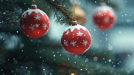 Red and white Christmas ornaments adorned with snowflake patterns, hanging gracefully from a tree against a backdrop of falling snowflakes.Backgroundの素材