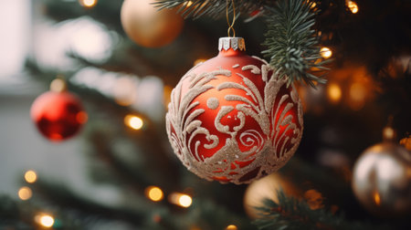Golden Christmas Elegance a red and gold Christmas tree ornament, reflecting the festive spirit and joy of the holiday season.Backgroundの素材