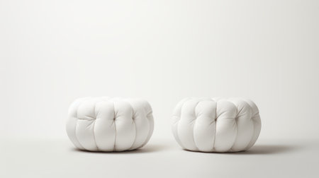Two plush, white poufs symmetrically arranged, exuding a sense of minimalist elegance and comfort, perfect for a modern home decor.Backgroundの素材