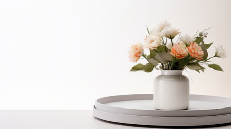 An exquisite display of white and peach roses in a chic white vase, set against a minimalist white backdrop.Backgroundの素材