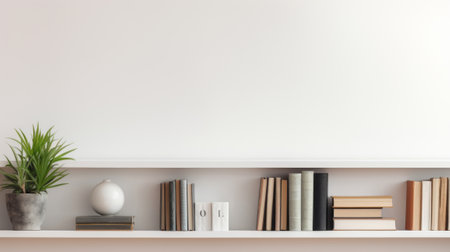 The Book Loverâs Shelf A modern, minimalist bookshelf adorned with a variety of books and decorative objects, set against a pristine white wall.Backgroundの素材