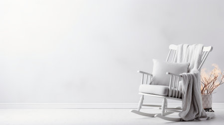 Cozy Rocking Chair A white rocking chair with a cozy blanket and pillows in a bright room with a white wall.Backgroundの素材