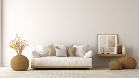 Natural Elegance in Comfort A modern living room featuring a plush white sofa, wicker ottomans, and a wooden side table, creating a cozy and elegant atmosphere.Backgroundの素材