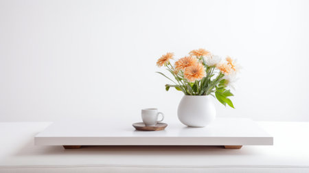 A minimalist white coffee table, adorned with a vibrant vase of orange flowers and a soothing cup of coffee, exuding a sense of calm.Backgroundの素材