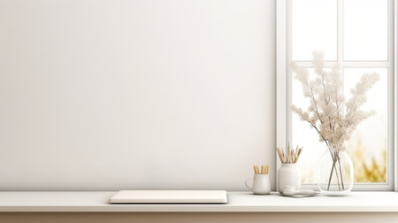 minimalist workspace featuring a laptop, dried flowers, and stationery on a white desk, bathed in the soft glow of natural light.Backgroundの素材