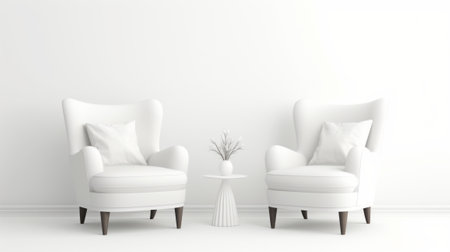 minimalist living room featuring two white armchairs symmetrically arranged around a small table with a vase, exuding a sense of calm and elegance.Backgroundの素材