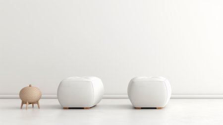 A cozy minimalist living room featuring two plush white ottomans and a woven basket, exuding a sense of comfort and simplicity.Backgroundの素材