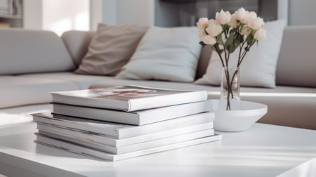 A photo of a stack of books sitting on top of a coffee table in a living room. The books are all different sizes and colors, and they are neatly arranged in a stack Backgroundの素材