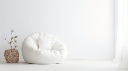 minimalist white living room featuring a cozy bean bag chair and a small plant in a woven basket.Backgroundの素材