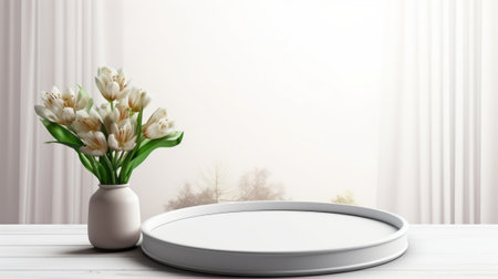 Minimalist White Table with Flowers A minimalist white table adorned with a vase of delicate white flowers and a chic white tray Backgroundの素材