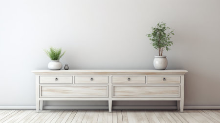 A minimalist sideboard featuring two lush green plants, set against a soothing gray wall and a warm wooden floor.Backgroundの素材