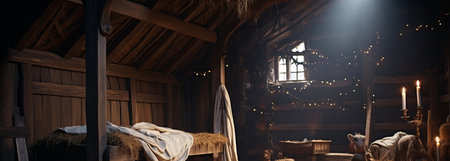 A rustic bedroom exuding warmth and comfort, adorned with candles and string lights, creating a cozy retreat for relaxation.High resolution AI generatedの素材