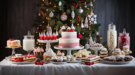 Christmas dessert table filled with a variety of sweets, with a beautifully decorated tree in the background.High resolution AI generatedの素材