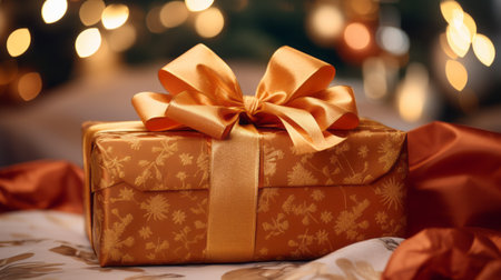beautifully wrapped gift in gold paper with a gold ribbon, placed on a white surface with a blurred Christmas tree in the background.High resolution AI generatedの素材