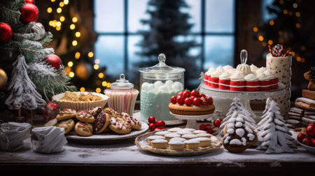 Christmas dessert table adorned with various cakes, cookies, and sweets, creating a festive and cozy atmosphere.High resolution AI generatedの素材