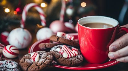 a cozy Christmas scene with a hand holding a red mug of coffee, accompanied by a plate of peppermint striped chocolate cookies.High resolution AI generatedの素材