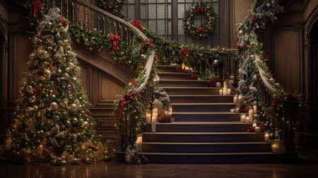 a grand staircase, elegantly decorated for Christmas with a tree, garland, and candles creating a warm and inviting atmosphere.High resolution AI generatedの素材