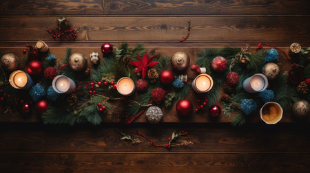 an elegant Christmas table decoration featuring candles, baubles, and pine branches, creating a warm and festive atmosphere.High resolution AI generatedの素材