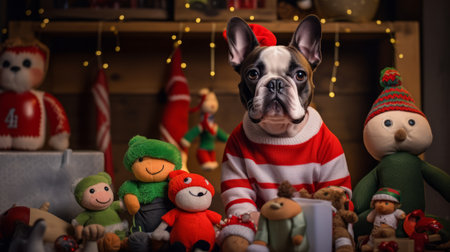 a charming scene of a dog in a Christmas sweater, surrounded by festive decorations and stuffed animals.igh resolution AI generatedの素材