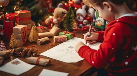 a child engrossed in writing a letter to Santa Claus, surrounded by vibrant Christmas decorations.High resolution AI generatedの素材