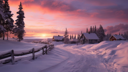 a tranquil winter sunrise in a quaint snowy village, creating a serene and inviting atmosphere.High resolution AI generatedの素材