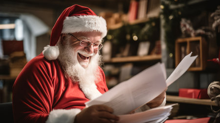 a heartwarming scene of Santa Claus, in his traditional attire, engrossed in reading a list of letters in a cozy room filled with Christmas decorations.High resolution AI generatedの素材