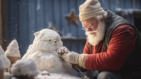 a person in winter attire, meticulously sculpting a snowman in the shape of a cat, showcasing their creativity and skill in a snowy setting.High resolution AI generatedの素材
