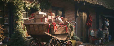 a nostalgic Christmas scene with a horse-drawn carriage filled with beautifully wrapped presents in front of a brick building.High resolution AI generatedの素材
