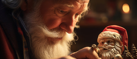 Old man Crafting a Santa Claus figurine, adorned in red and gold,Woodcraft Christmas Handmade present.High resolution AI generatedの素材