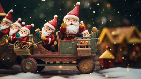 Christmas scene of Santa Claus dolls and his elves on a sleigh, delivering gifts under a starlit winter night.High resolution AI generatedの素材