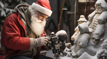 old man in a Santa hat capturing a snow-covered statue with a vintage camera in a festive setting.High resolution AI generatedの素材