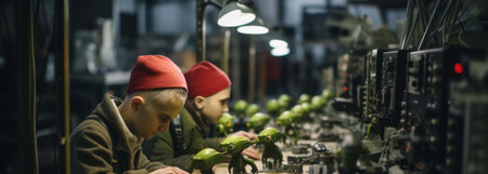 two workers in a factory setting, diligently operating machinery as part of a manufacturing process.High resolution AI generatedの素材