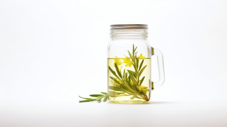 a jar of oil infused with rosemary leaves, showcased against a clean white background.High resolution AI generatedの素材