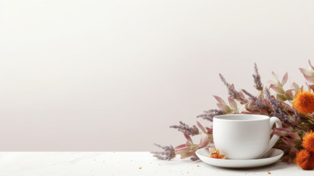 a white coffee cup on a saucer with flowers on a white table with a pink background.High resolution AI generatedの素材