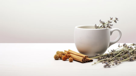 a white cup of tea with lavender and cinnamon sticks on a white table.High resolution AI generatedの素材