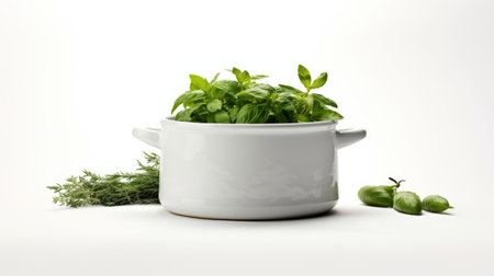 a white pot filled with green herbs and vegetables on a white background.High resolution AI generatedの素材