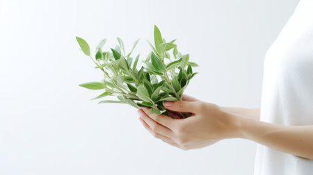 a women holding a bunch of green leaves in their hands on a white background.High resolution AI generatedの素材