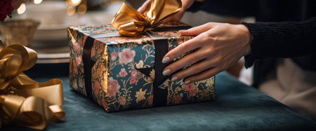 a gift box with a gold ribbon being opened by a personâs hand.High resolution AI generatedの素材