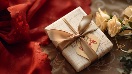 a gift box with a gold ribbon on a red fabric background with white roses.gh resolution AI generatedの素材