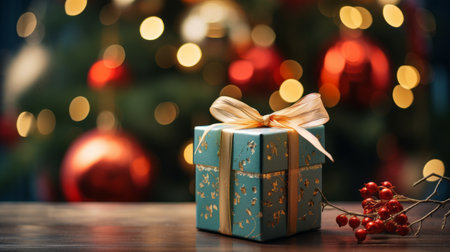 a Christmas gift box with a gold ribbon on a wooden table with a Christmas tree in the background.High resolution AI generatedの素材